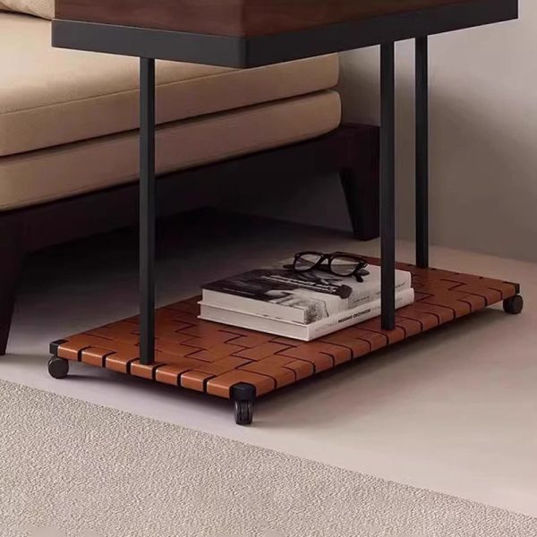 Modern Eclectic Rotatable Solid Wood Rectangular Tray Top Saddle Leather 2-Tier End Table With Wheels For Living Room - Image 6