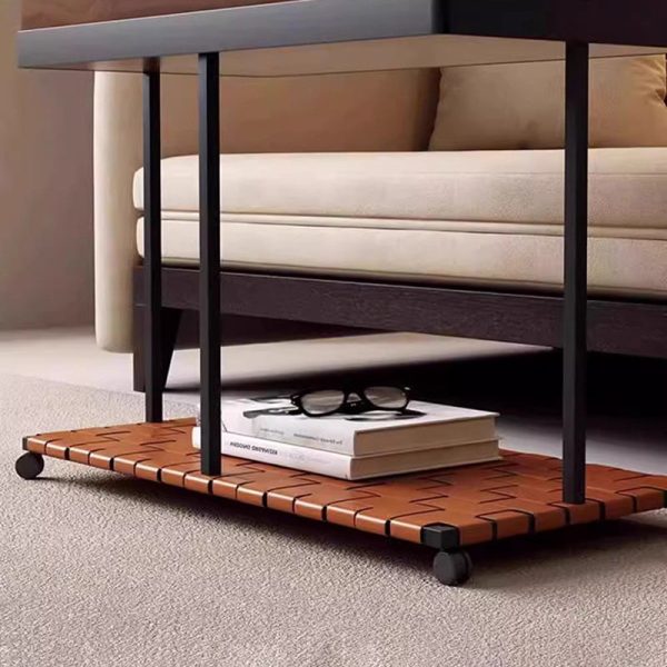 Modern Eclectic Rotatable Solid Wood Rectangular Tray Top Saddle Leather 2-Tier End Table With Wheels For Living Room - Image 7