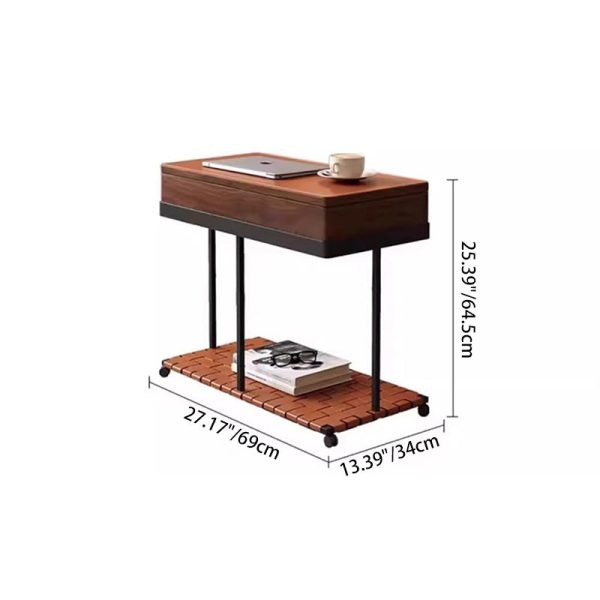 Modern Eclectic Rotatable Solid Wood Rectangular Tray Top Saddle Leather 2-Tier End Table With Wheels For Living Room - Image 4