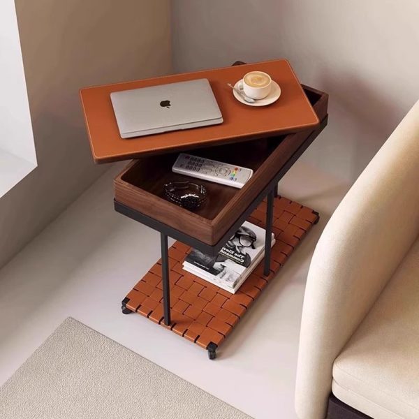 Modern Eclectic Rotatable Solid Wood Rectangular Tray Top Saddle Leather 2-Tier End Table With Wheels For Living Room - Image 3