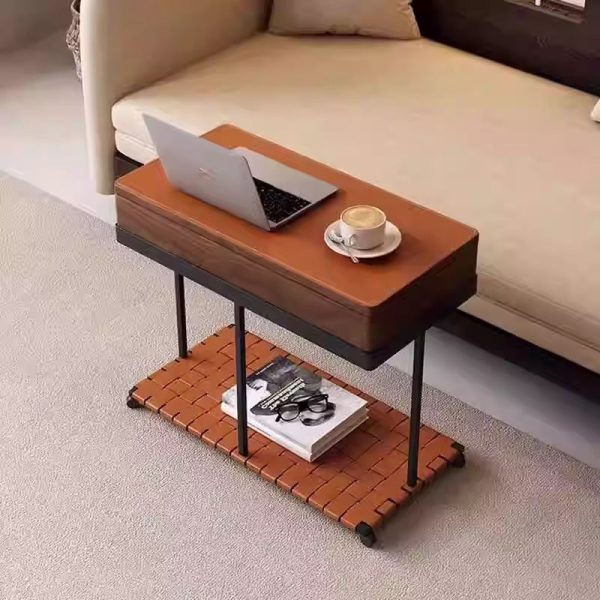 Modern Eclectic Rotatable Solid Wood Rectangular Tray Top Saddle Leather 2-Tier End Table With Wheels For Living Room
