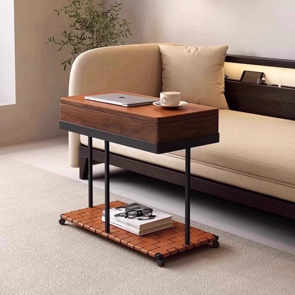 Modern Eclectic Rotatable Solid Wood Rectangular Tray Top Saddle Leather 2-Tier End Table With Wheels For Living Room - Image 2