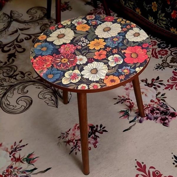 Modern Shabby Chic Floral Pattern Round Top Solid Wood End Table For Living Room