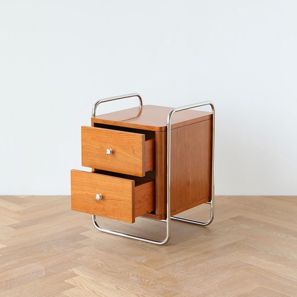 Traditional Chinese Square Rectangle Cherry Wood Stainless Steel Nightstand 2-Drawer For Bedroom - Image 4