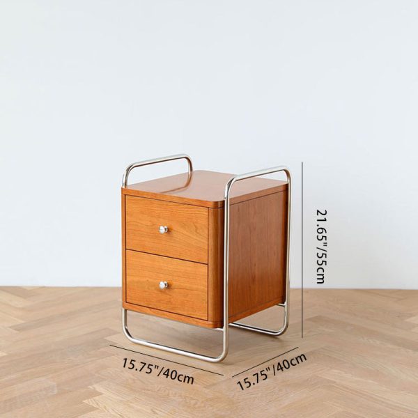 Traditional Chinese Square Rectangle Cherry Wood Stainless Steel Nightstand 2-Drawer For Bedroom - Image 3