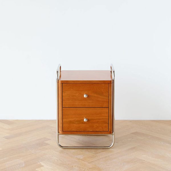 Traditional Chinese Square Rectangle Cherry Wood Stainless Steel Nightstand 2-Drawer For Bedroom - Image 2