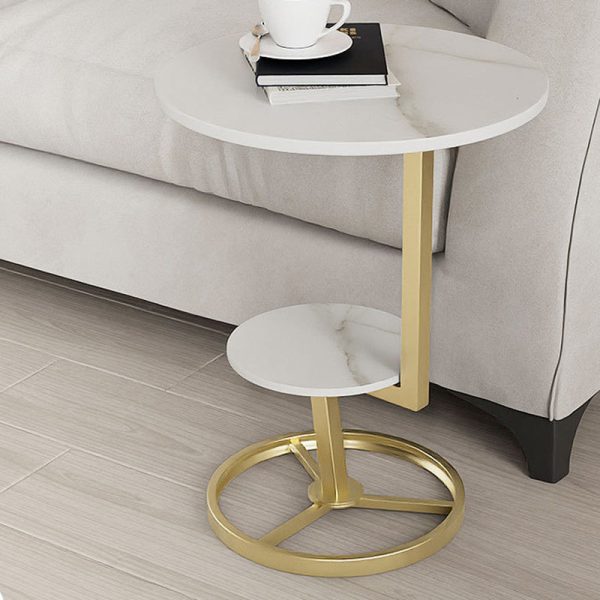 Contemporary Creative Round Iron Rock Slab End Table 2-Tier For Living Room - Image 2