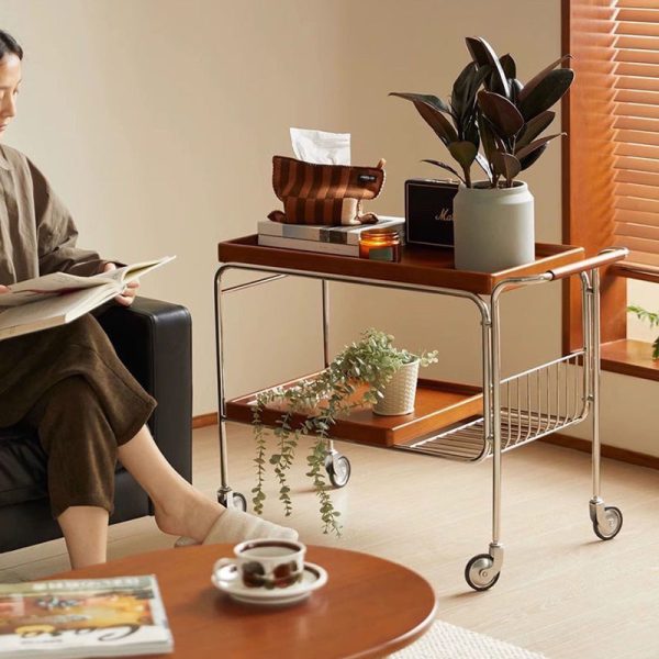 Traditional Vintage Removable Rectangular Wood Plywood Stainless Steel Side Table 2-Tier For Living Room - Image 12