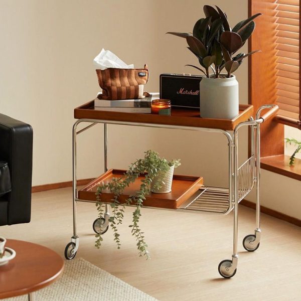 Traditional Vintage Removable Rectangular Wood Plywood Stainless Steel Side Table 2-Tier For Living Room - Image 2