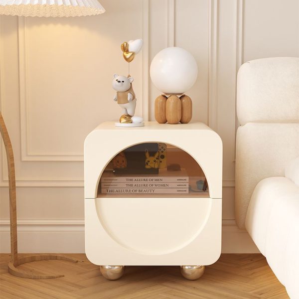 Contemporary Scandinavian Cream Cute Square Density Plate Glass Wood Stainless Steel Nightstand 2-Drawer For Bedroom - Image 2