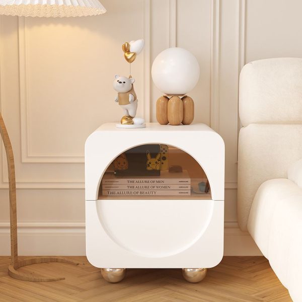 Contemporary Scandinavian Cream Cute Square Density Plate Glass Wood Stainless Steel Nightstand 2-Drawer For Bedroom - Image 3