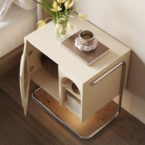Traditional French Cream Square Density Plate Glass Stainless Steel Nightstand 1-Cabinet For Bedroom - Image 9
