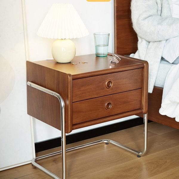 Traditional Vintage Square Wood Stainless Steel Nightstand 2-Drawer For Bedroom - Image 5