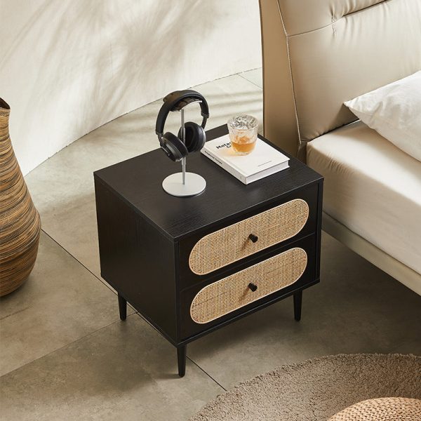 Modern Mid-Century Square Wood Rattan Nightstand 2-Drawer For Bedroom - Image 2