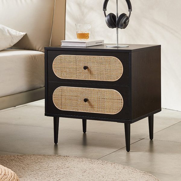 Modern Mid-Century Square Wood Rattan Nightstand 2-Drawer For Bedroom - Image 7