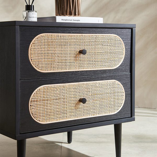 Modern Mid-Century Square Wood Rattan Nightstand 2-Drawer For Bedroom - Image 8