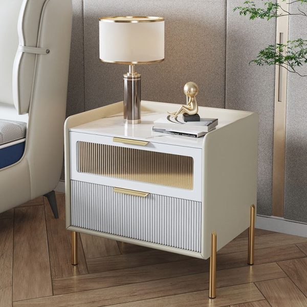 Contemporary Nordic Square Wood Rock Slab Veneer Glass Hardware Stainless Steel Nightstand 2-Drawer For Bedroom