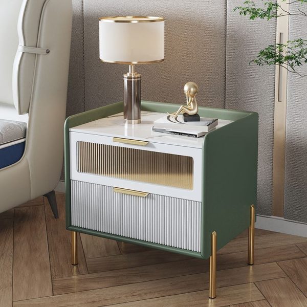 Contemporary Nordic Square Wood Rock Slab Veneer Glass Hardware Stainless Steel Nightstand 2-Drawer For Bedroom - Image 3