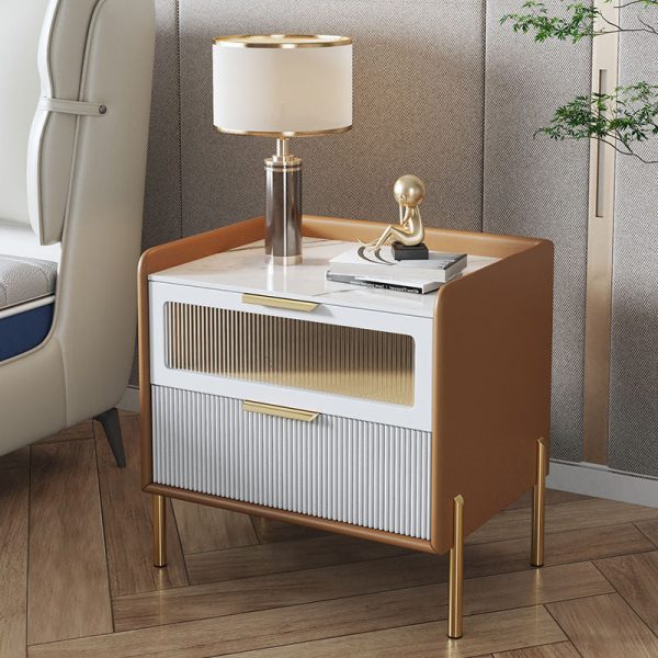 Contemporary Nordic Square Wood Rock Slab Veneer Glass Hardware Stainless Steel Nightstand 2-Drawer For Bedroom - Image 9