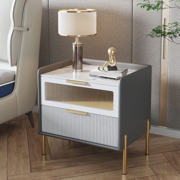 Contemporary Nordic Square Wood Rock Slab Veneer Glass Hardware Stainless Steel Nightstand 2-Drawer For Bedroom - Image 10