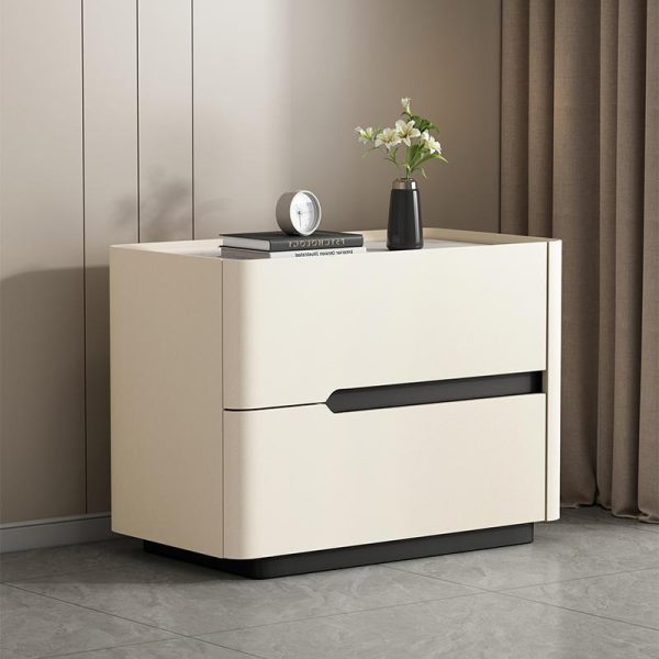Modern Minimalist Cream Rectangle Square Wood Rock Slab Leather Nightstand 2-Drawer For Bedroom - Image 3