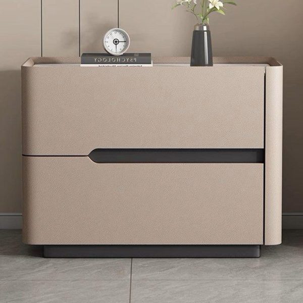 Modern Minimalist Cream Rectangle Square Wood Rock Slab Leather Nightstand 2-Drawer For Bedroom - Image 12