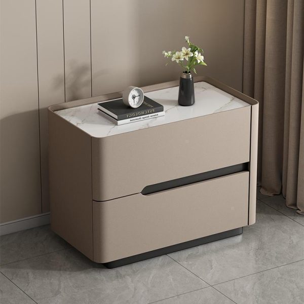 Modern Minimalist Cream Rectangle Square Wood Rock Slab Leather Nightstand 2-Drawer For Bedroom - Image 16