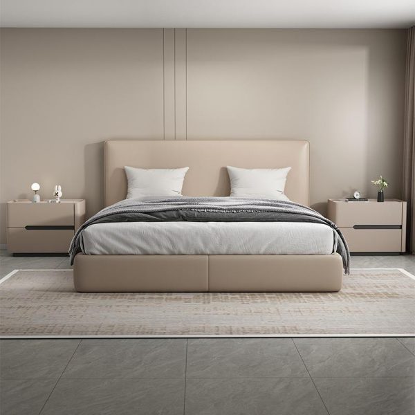 Modern Minimalist Cream Rectangle Square Wood Rock Slab Leather Nightstand 2-Drawer For Bedroom