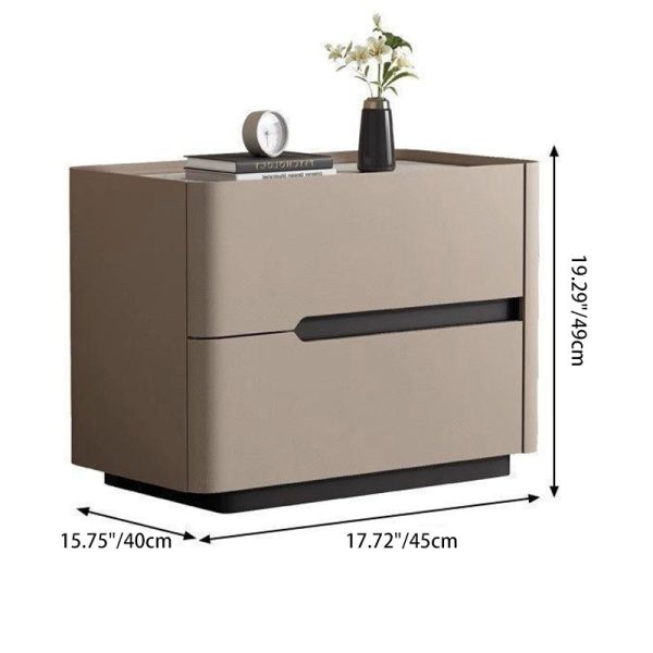 Modern Minimalist Cream Rectangle Square Wood Rock Slab Leather Nightstand 2-Drawer For Bedroom - Image 5
