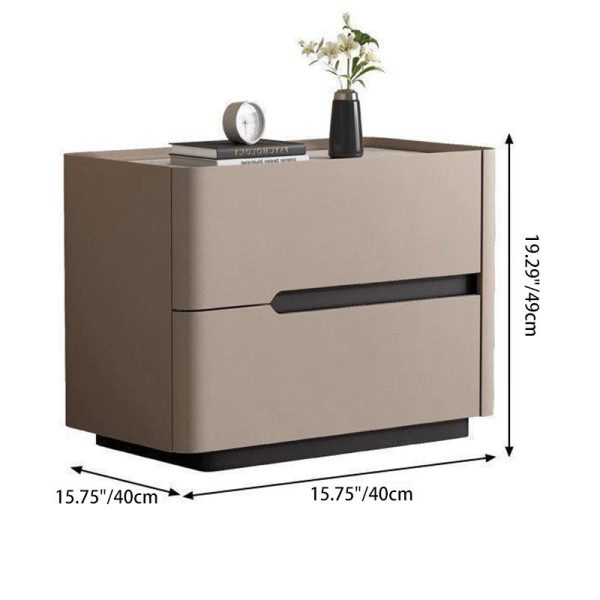Modern Minimalist Cream Rectangle Square Wood Rock Slab Leather Nightstand 2-Drawer For Bedroom - Image 4