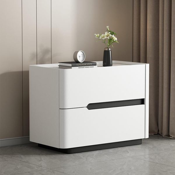 Modern Minimalist Cream Rectangle Square Wood Rock Slab Leather Nightstand 2-Drawer For Bedroom - Image 2