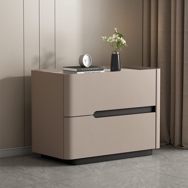 Modern Minimalist Cream Rectangle Square Wood Rock Slab Leather Nightstand 2-Drawer For Bedroom - Image 13