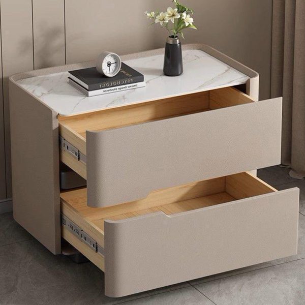 Modern Minimalist Cream Rectangle Square Wood Rock Slab Leather Nightstand 2-Drawer For Bedroom - Image 8