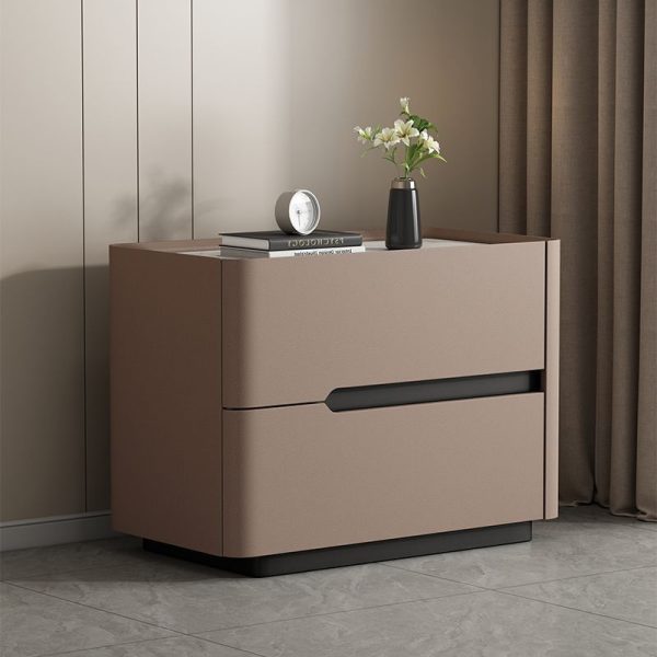 Modern Minimalist Cream Rectangle Square Wood Rock Slab Leather Nightstand 2-Drawer For Bedroom - Image 11