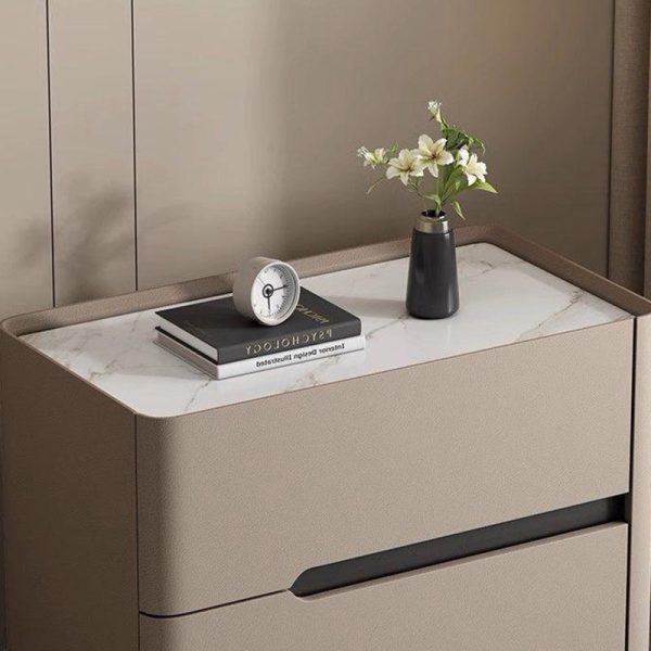 Modern Minimalist Cream Rectangle Square Wood Rock Slab Leather Nightstand 2-Drawer For Bedroom - Image 14