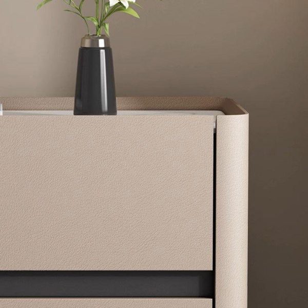 Modern Minimalist Cream Rectangle Square Wood Rock Slab Leather Nightstand 2-Drawer For Bedroom - Image 9