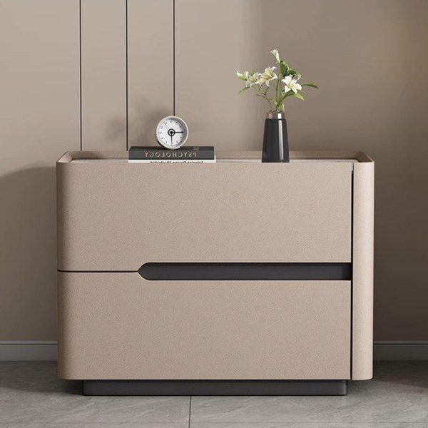 Modern Minimalist Cream Rectangle Square Wood Rock Slab Leather Nightstand 2-Drawer For Bedroom - Image 18