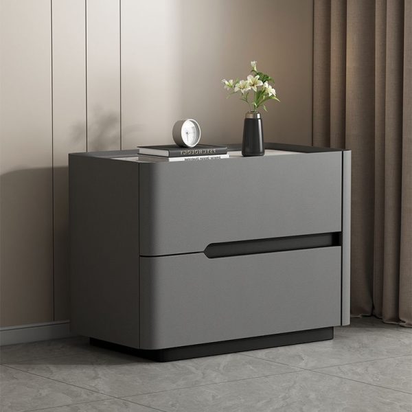 Modern Minimalist Cream Rectangle Square Wood Rock Slab Leather Nightstand 2-Drawer For Bedroom - Image 17
