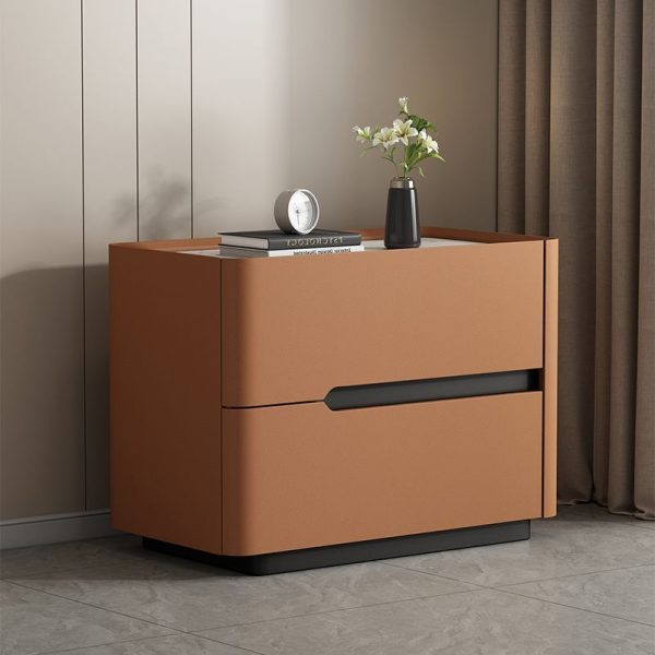 Modern Minimalist Cream Rectangle Square Wood Rock Slab Leather Nightstand 2-Drawer For Bedroom - Image 19