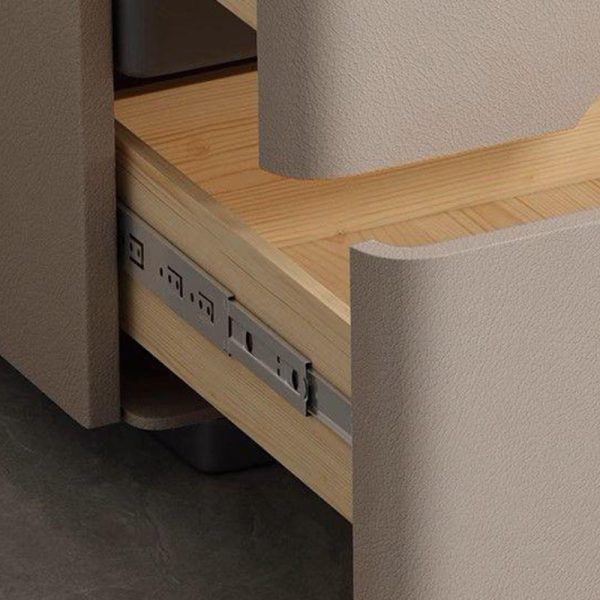 Modern Minimalist Cream Rectangle Square Wood Rock Slab Leather Nightstand 2-Drawer For Bedroom - Image 7