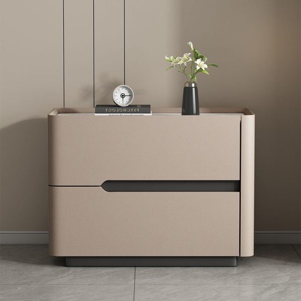 Modern Minimalist Cream Rectangle Square Wood Rock Slab Leather Nightstand 2-Drawer For Bedroom - Image 20