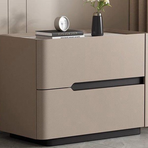 Modern Minimalist Cream Rectangle Square Wood Rock Slab Leather Nightstand 2-Drawer For Bedroom - Image 21