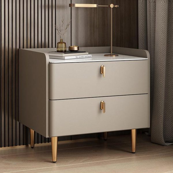 Modern Luxury Rectangle Square Wood Rock Slab Nightstand 2-Drawer For Bedroom - Image 3