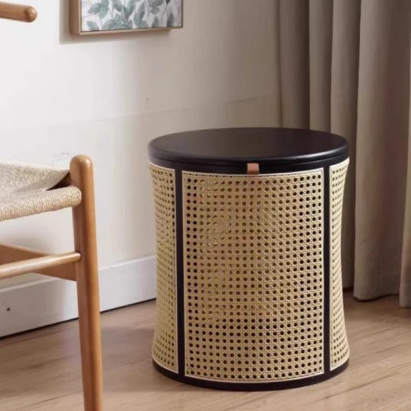 Traditional Japanese Round Cylinder Wood Rattan Side Table 1-Storage For Living Room - Image 9