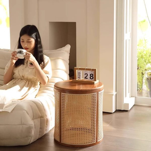 Traditional Japanese Round Cylinder Wood Rattan Side Table 1-Storage For Living Room - Image 2