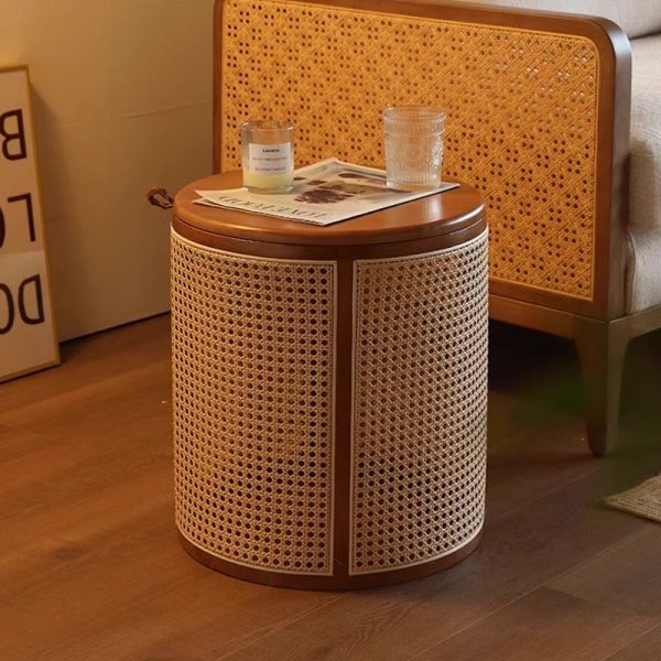 Traditional Japanese Round Cylinder Wood Rattan Side Table 1-Storage For Living Room - Image 3
