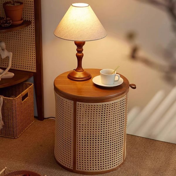 Traditional Japanese Round Cylinder Wood Rattan Side Table 1-Storage For Living Room - Image 13