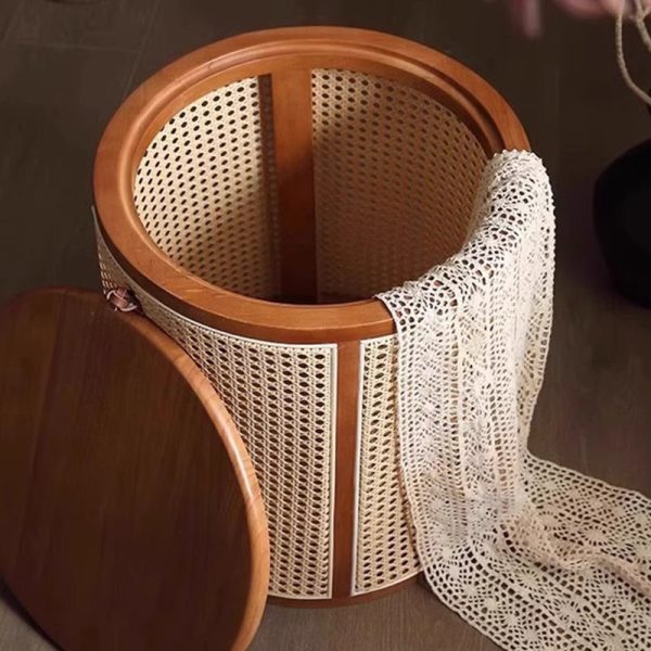 Traditional Japanese Round Cylinder Wood Rattan Side Table 1-Storage For Living Room - Image 5