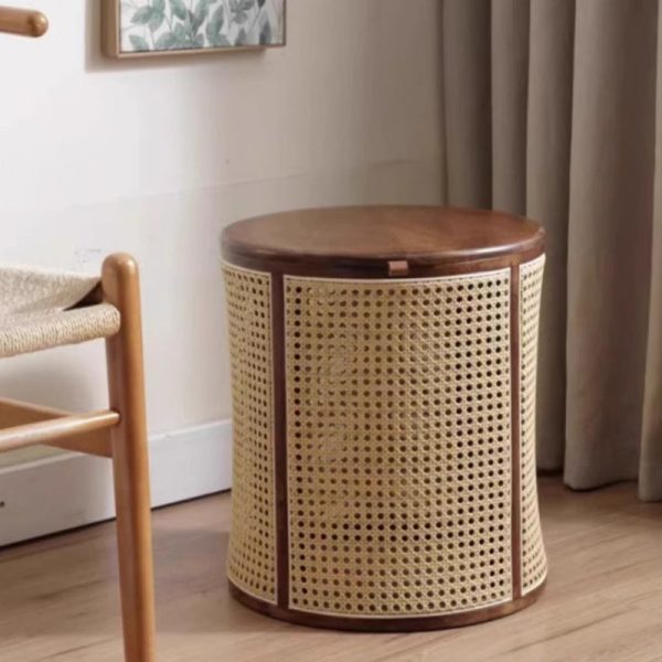 Traditional Japanese Round Cylinder Wood Rattan Side Table 1-Storage For Living Room - Image 10