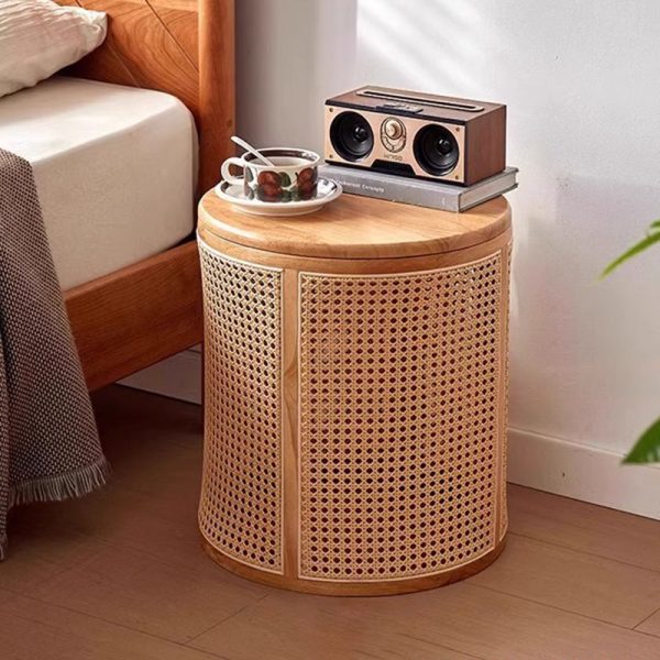 Traditional Japanese Round Cylinder Wood Rattan Side Table 1-Storage For Living Room - Image 12